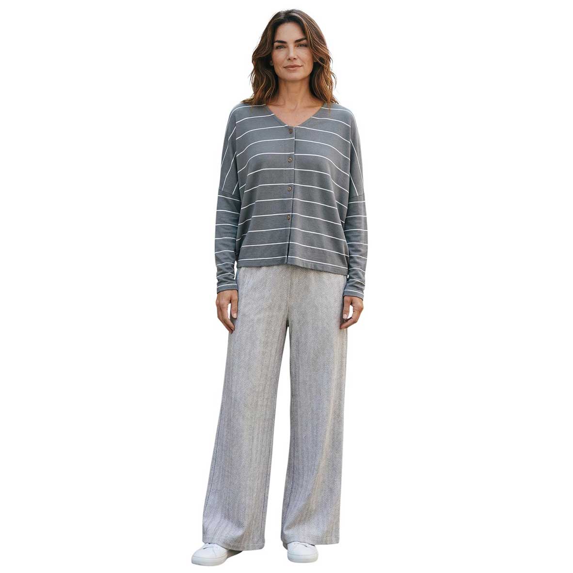 Woman wearing a gray striped long-sleeve top V-Neck Cardigan Stripes Neirami Sold at Aqualta 3
