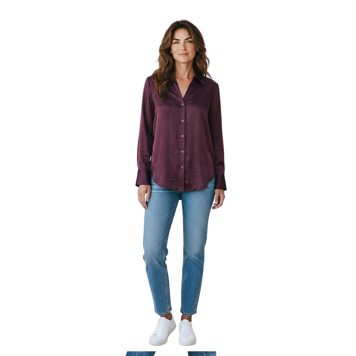 Long-sleeve Latia Bordeaux shirt by Sand, sold at Aqualta, featuring a V-neck collar and button-down front.