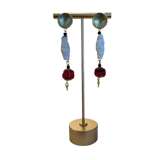 Vintage Bone & Cinnabar Beads Earrings Peggy Goodman sold at Aqualta