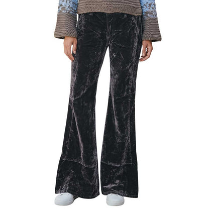 Shaft Jean Vintage Brown Velvet Denim pants styled with a blue and brown knit sweater, available at Aqualta.