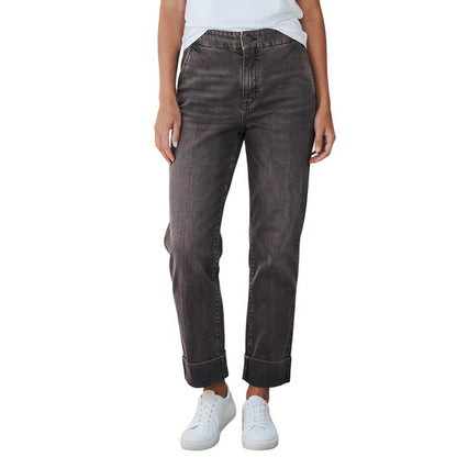 Women’s vintage brown straight-leg cuffed denim jeans by Rocco Ragni, sold at Aqualta.