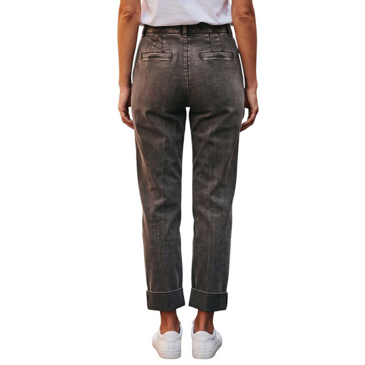 Rocco Ragni vintage brown denim jeans with straight leg and cuffed hem, available at Aqualta.