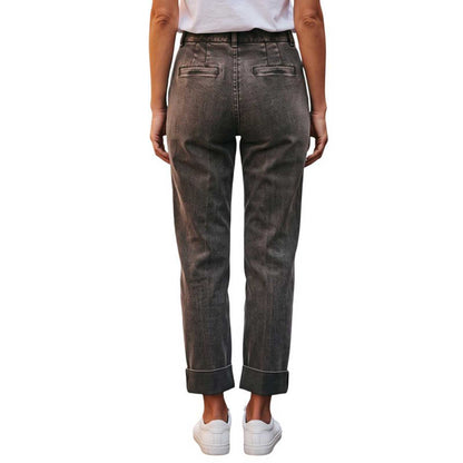 Rocco Ragni vintage brown denim jeans with straight leg and cuffed hem, available at Aqualta.