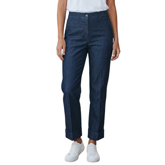 Women’s vintage navy straight-leg cuffed denim jeans by Rocco Ragni, sold at Aqualta.