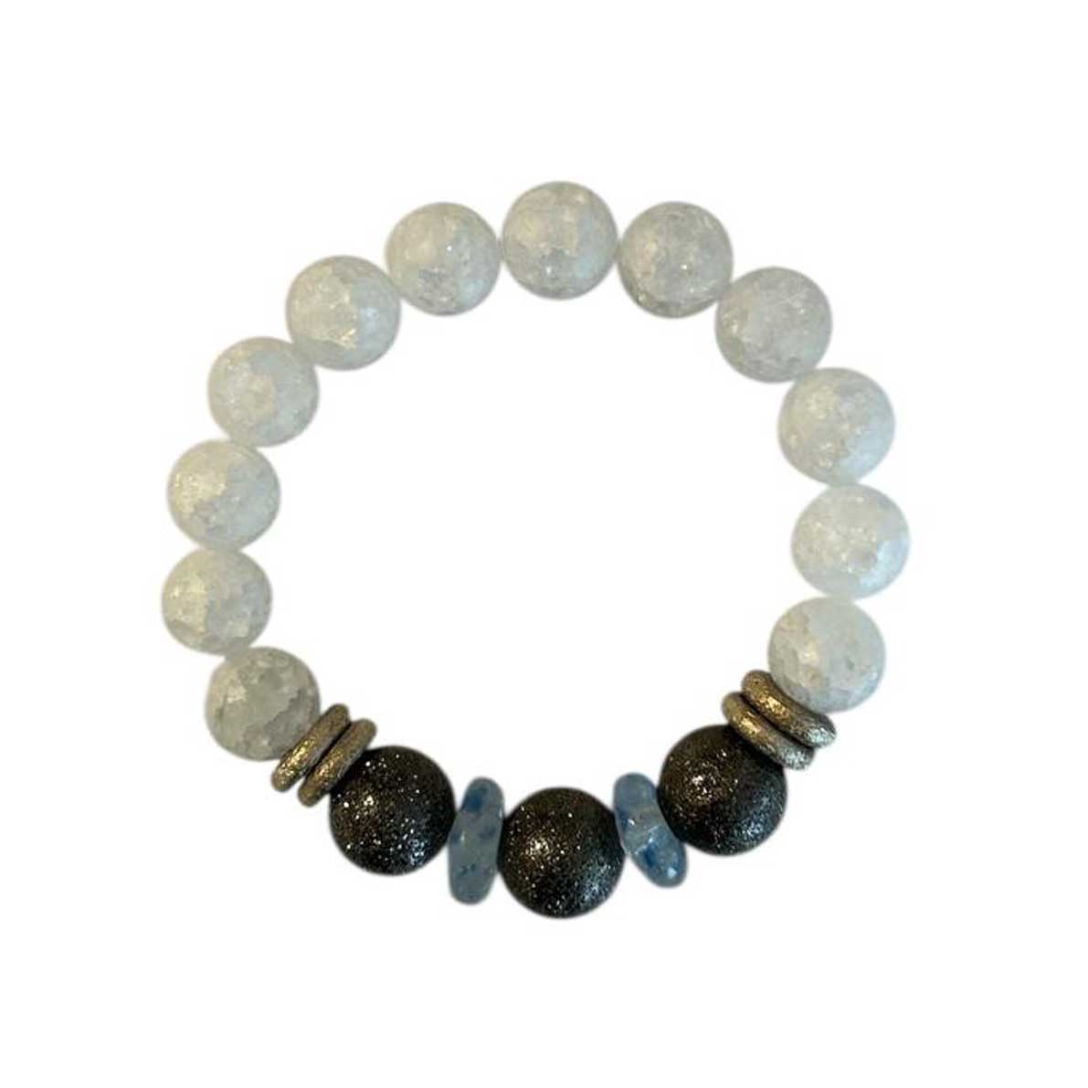 White Crackle glass Bracelet with Blue Hematite Peggy Goodman sold at Aqualta