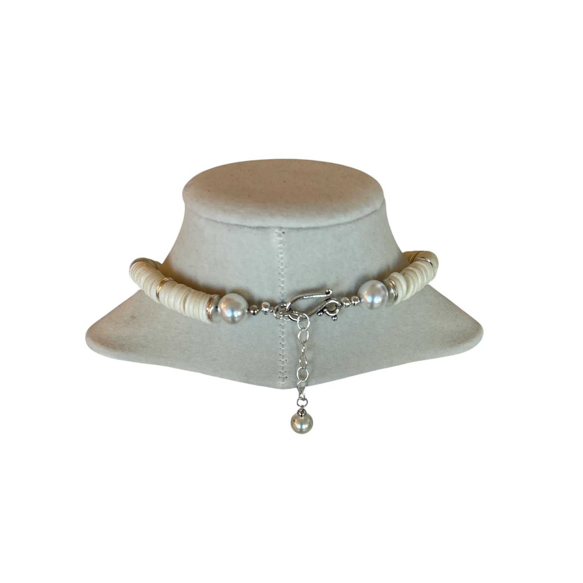 Exclusive Peggy Goodman pearl necklace with natural white freshwater coin pearls and silver clasp, designed for Aqualta