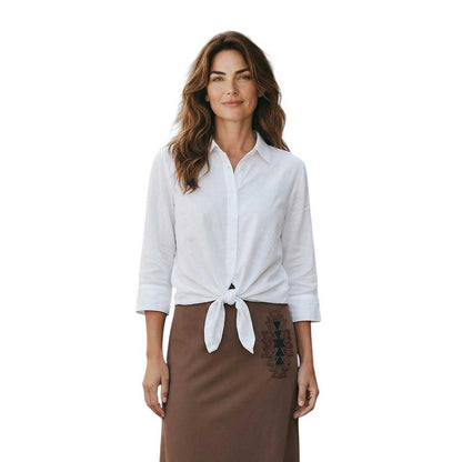 Woman wearing a White Light Collar Shirt front knot Caliban sold at Aqualta