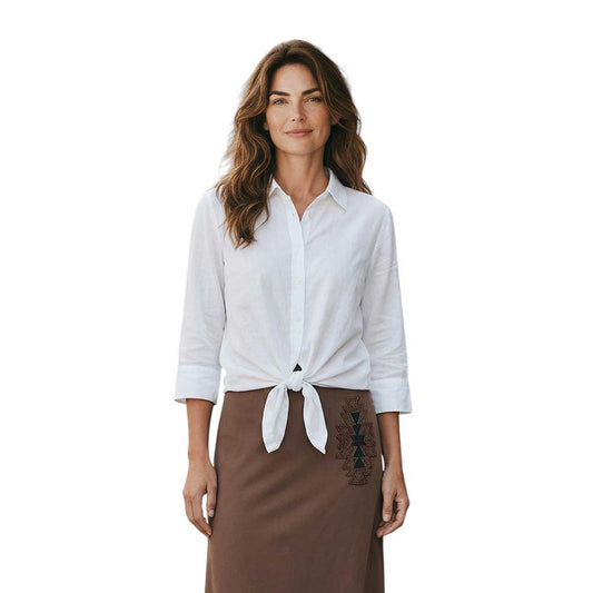 Woman wearing a White Light Collar Shirt front knot Caliban sold at Aqualta