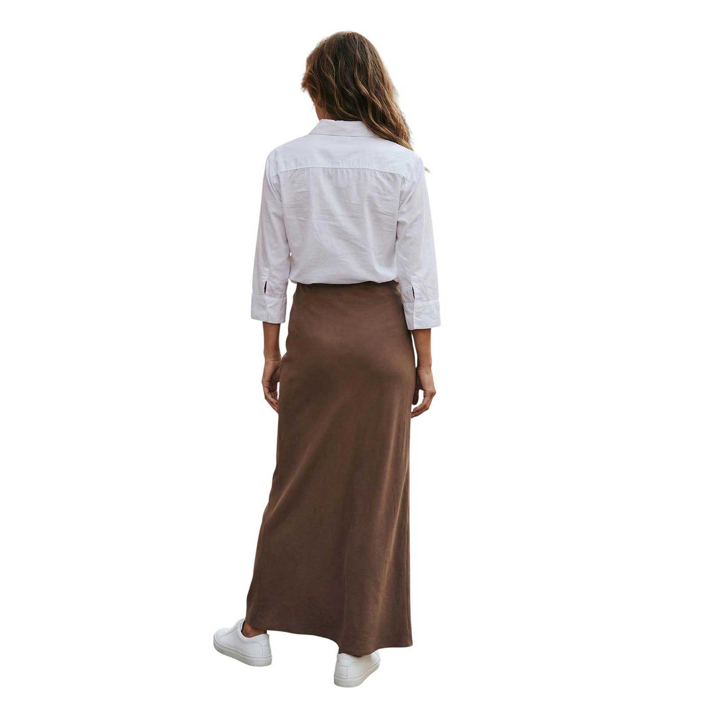 Woman wearing a White Light Collar Shirt front knot Caliban sold at Aqualta 3