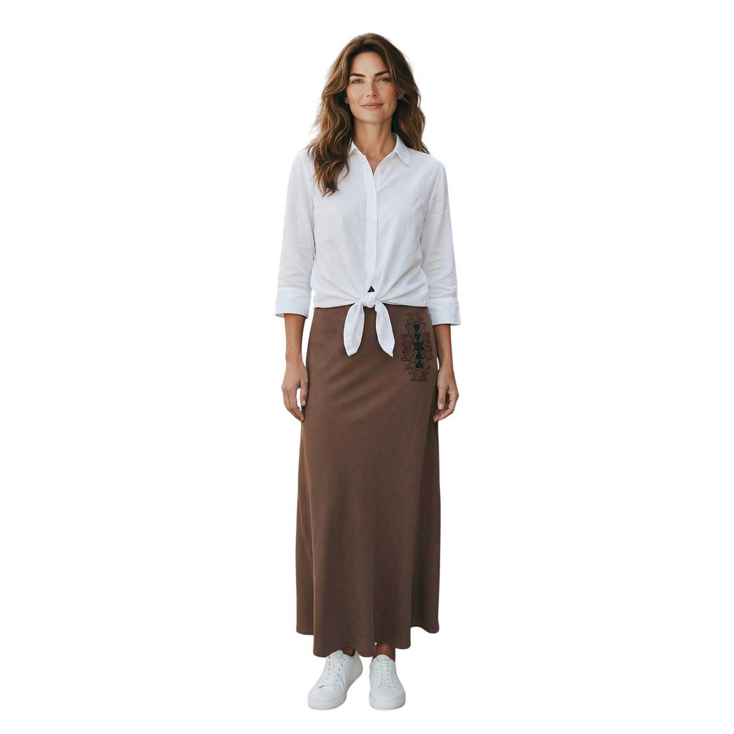 Woman wearing a White Light Collar Shirt front knot Caliban sold at Aqualta 2