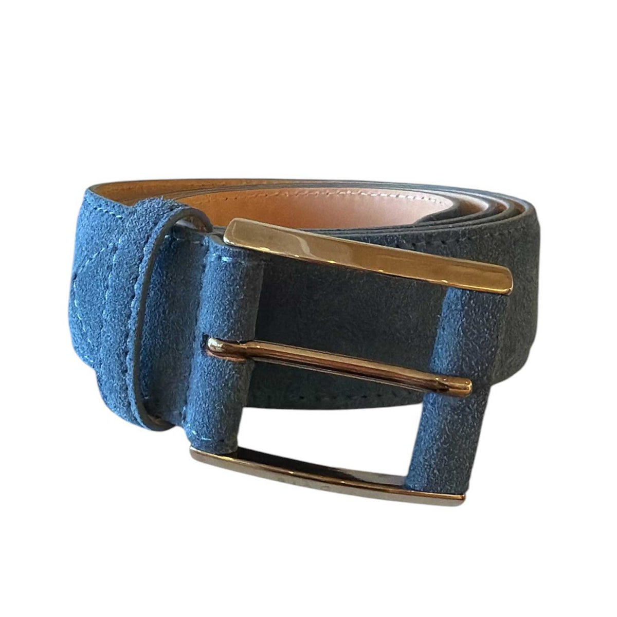 Biagini wide blue suede belt featuring a square metal buckle with leather-wrapped detailing, available at Aqualta.