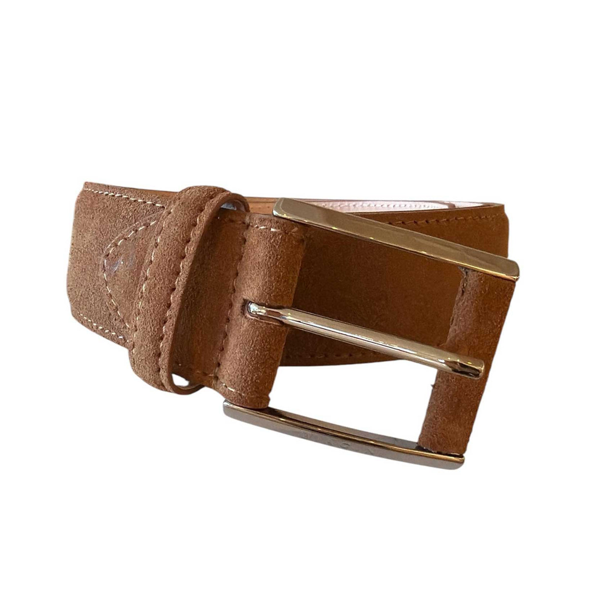Biagini wide cognac suede belt featuring a square metal buckle with leather-wrapped detailing, available at Aqualta.