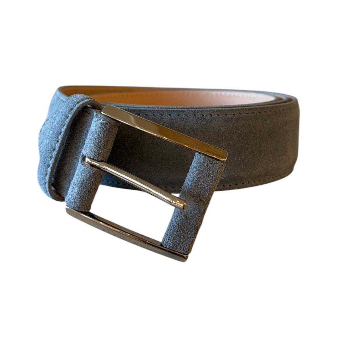 Biagini wide gray suede belt featuring a square metal buckle with leather-wrapped detailing, available at Aqualta.