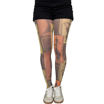African print tights for women with artistic patchwork details and colorful statement fashion aesthetic