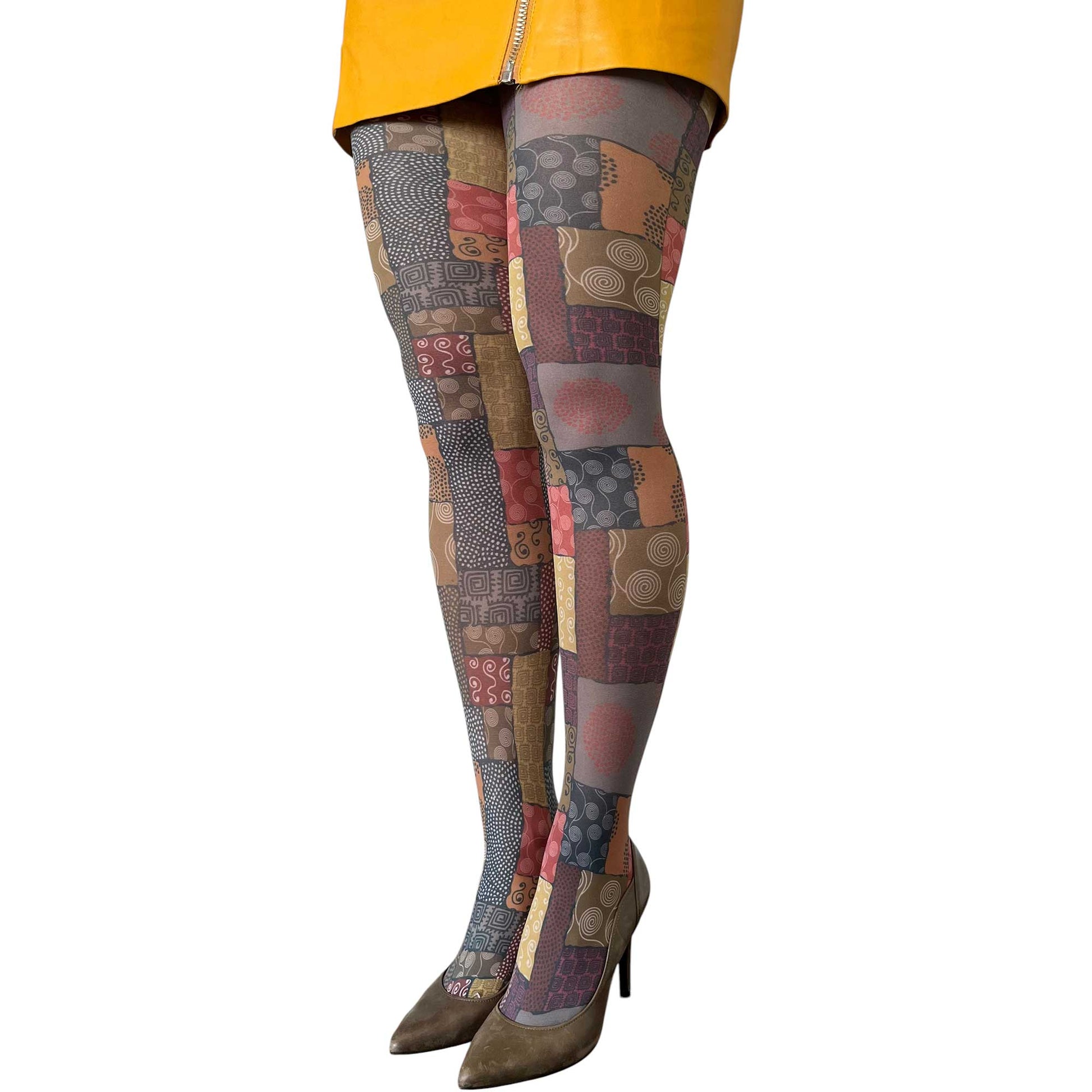 Women wearing African Patchwork tights with creative patchwork-inspired patterns and statement style
