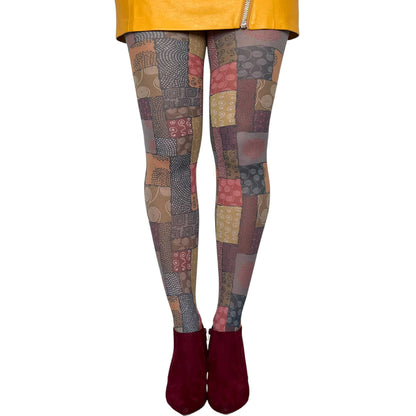 Multicolored patchwork tights featuring African-inspired art patterns and creative fashion aesthetic