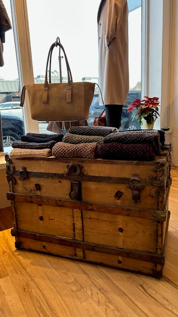 Designer handbag and folded knit accessories displayed on a vintage trunk inside the AqualtaWear store.