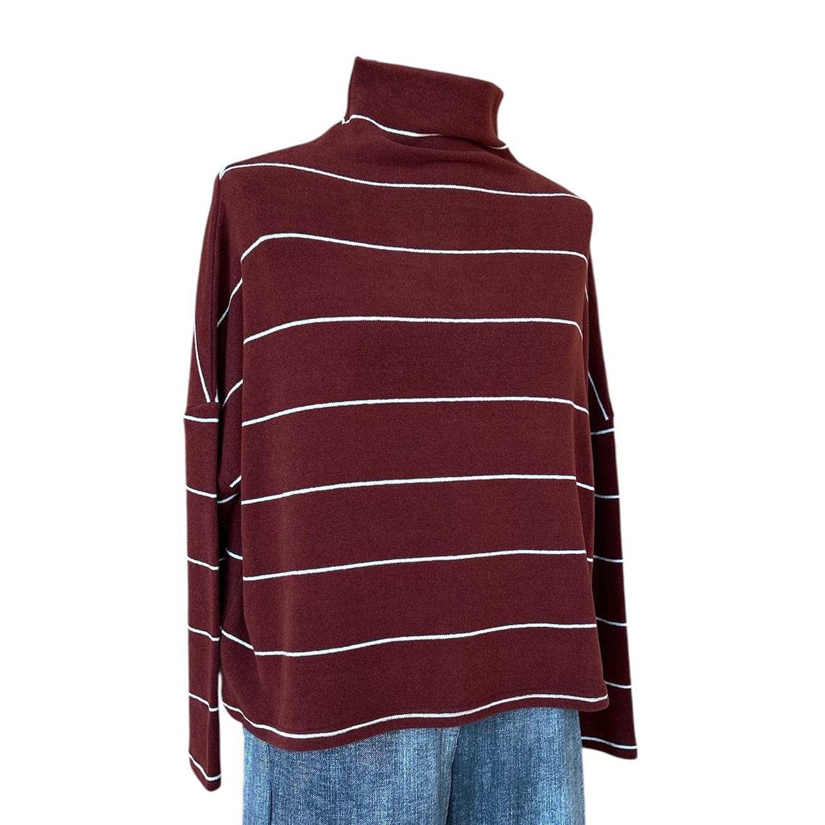 Basic Sweater Cowl Neck Bordeaux & White Stripes - AQUALTA