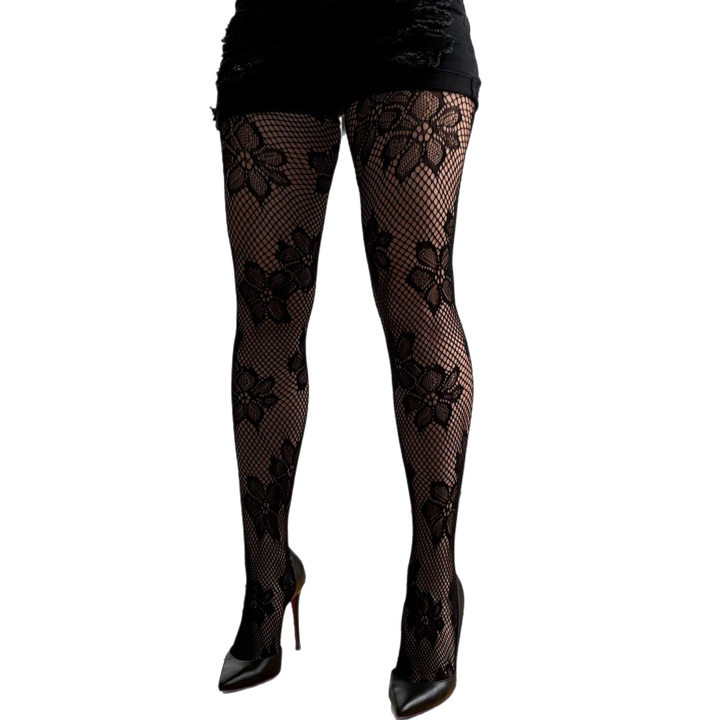 Black Floral Lace Blossom Tights for women Malka Chic sold at Aqualta