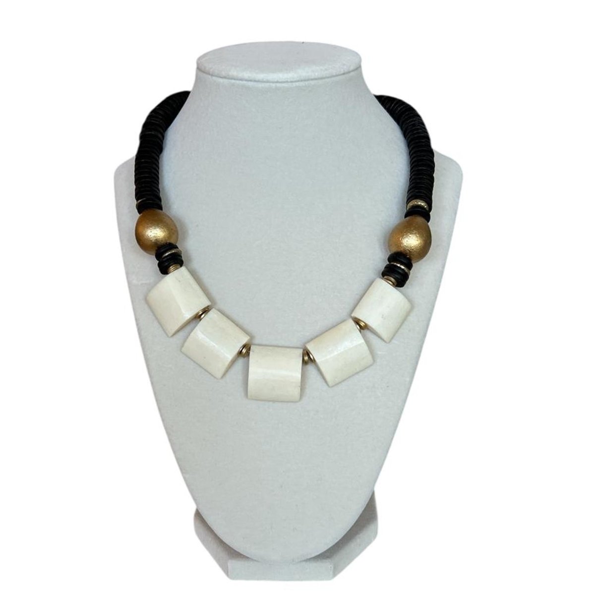 Black Bone Beads & Cream on Gold Necklace - AQUALTA