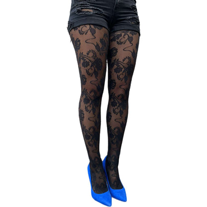 Elegant black tights featuring a detailed rose pattern