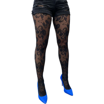 Black rose patterned tights for women – floral lace design