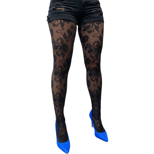 Black rose patterned tights for women – floral lace design