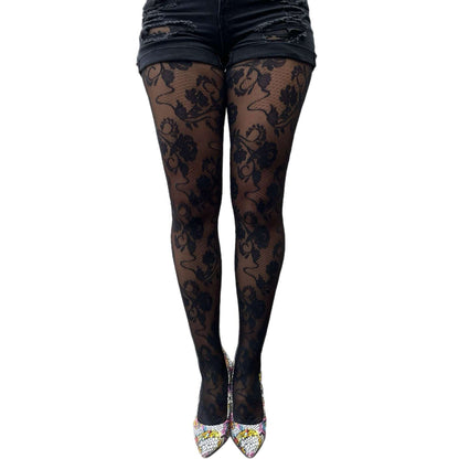 Women’s fashion tights with black floral rose design