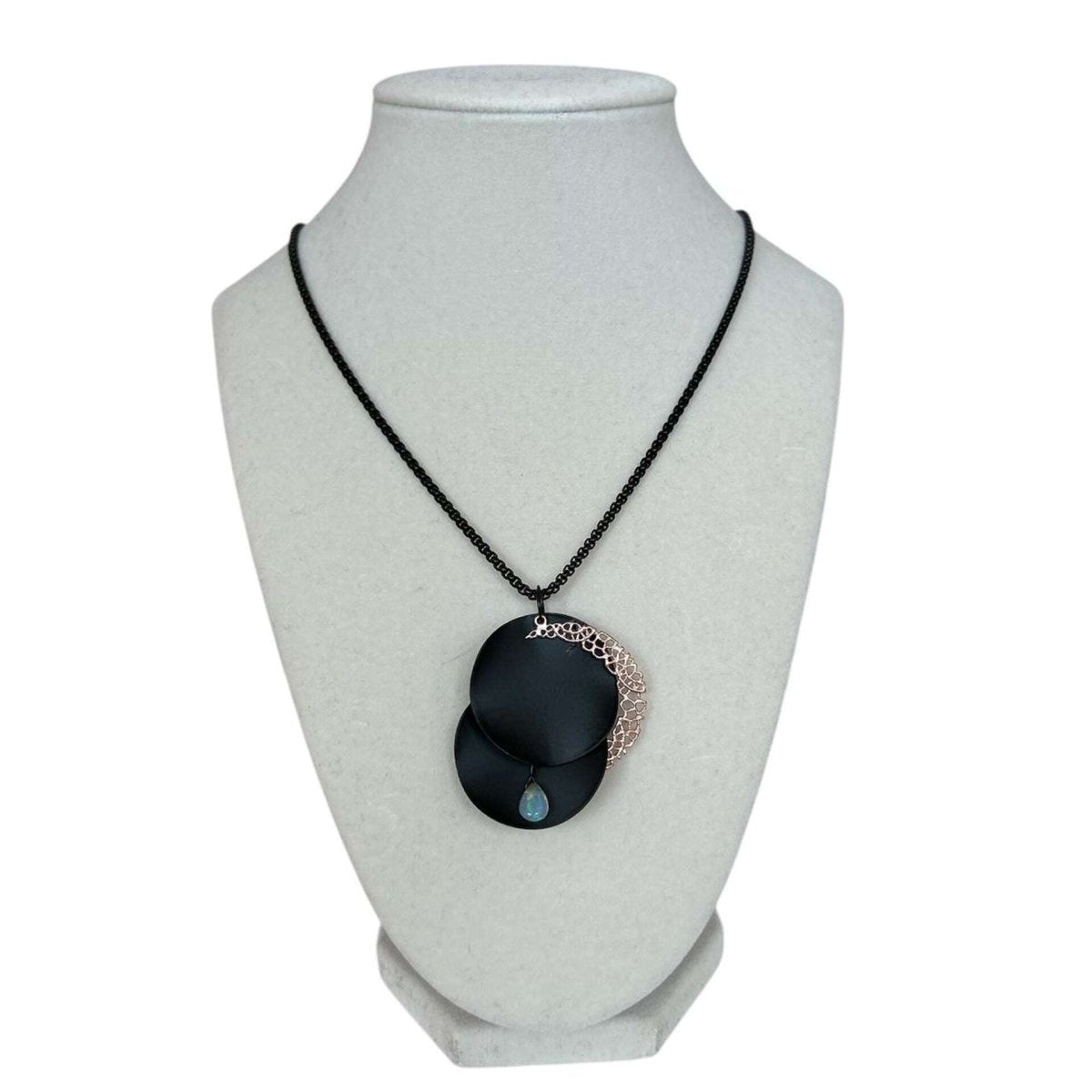 Black Necklace Double Medallion with crescent & Opal - AQUALTA