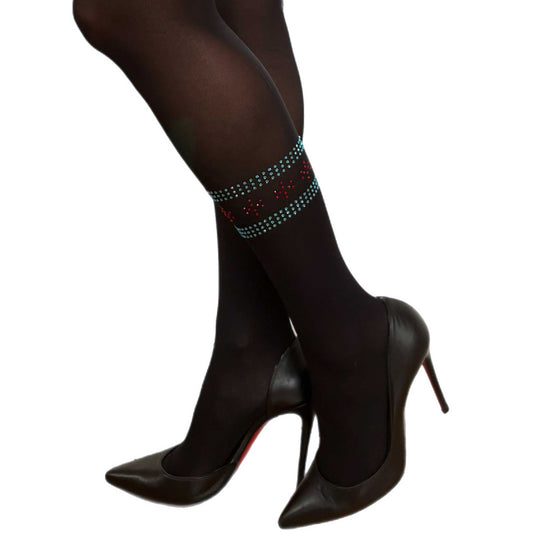 Chicago Flag Rhinestone Tights Black Opaque Tights Color with Blue & Red Crystal City Design Malka Chic