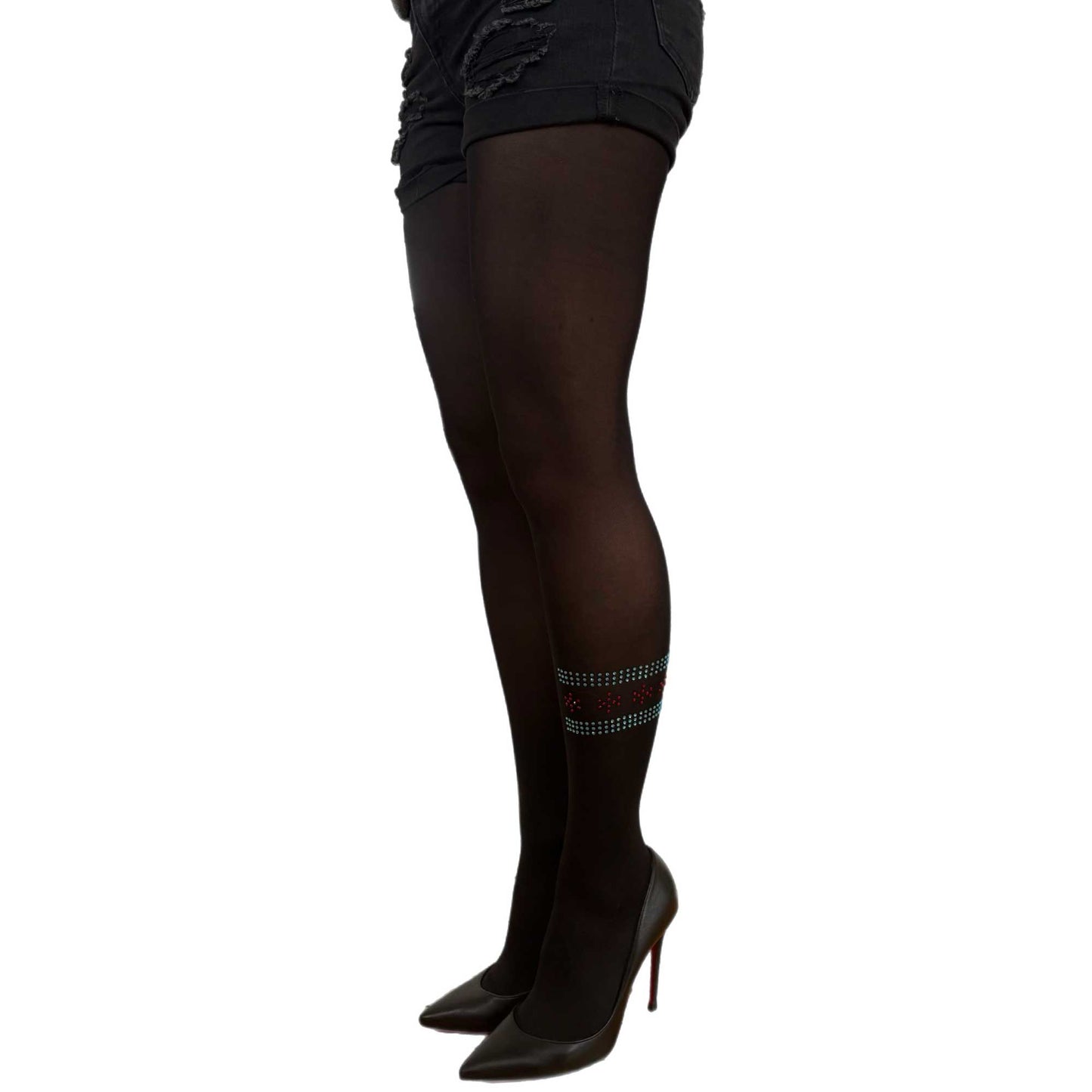 Chicago Flag Rhinestone Tights Black Opaque Tights Color with Blue & Red Crystal City Design Malka Chic 4