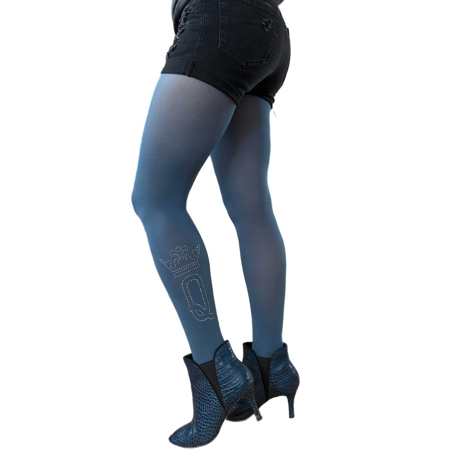 Queen 50 Denier Opaque Tights Denim Blue with Silver Studs Crown & “Q” Design Fashion Tights Malka Chic sold at Aqualta 4
