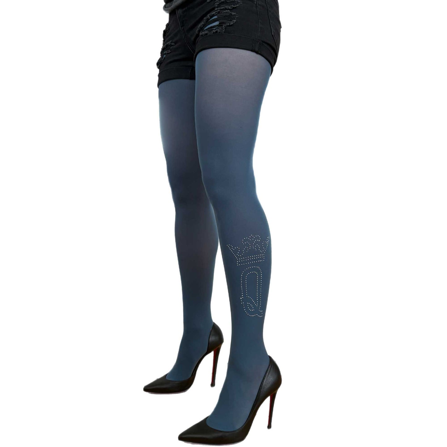 Queen 50 Denier Opaque Tights Denim Blue with Silver Studs Crown & “Q” Design Fashion Tights Malka Chic sold at Aqualta 2