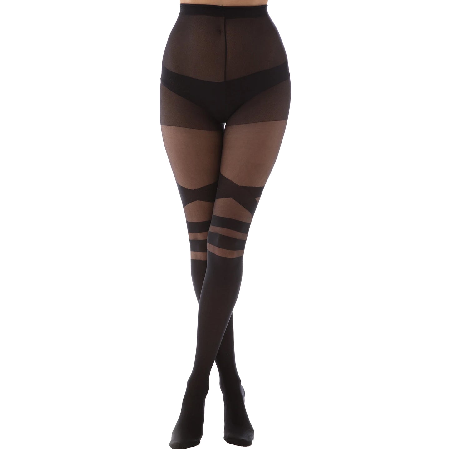Black Graphic Patterned Tights V-Strap Over the knee tights effect Malka Chic