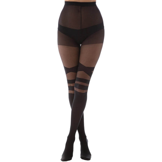 Black Graphic Patterned Tights V-Strap Over the knee tights effect Malka Chic