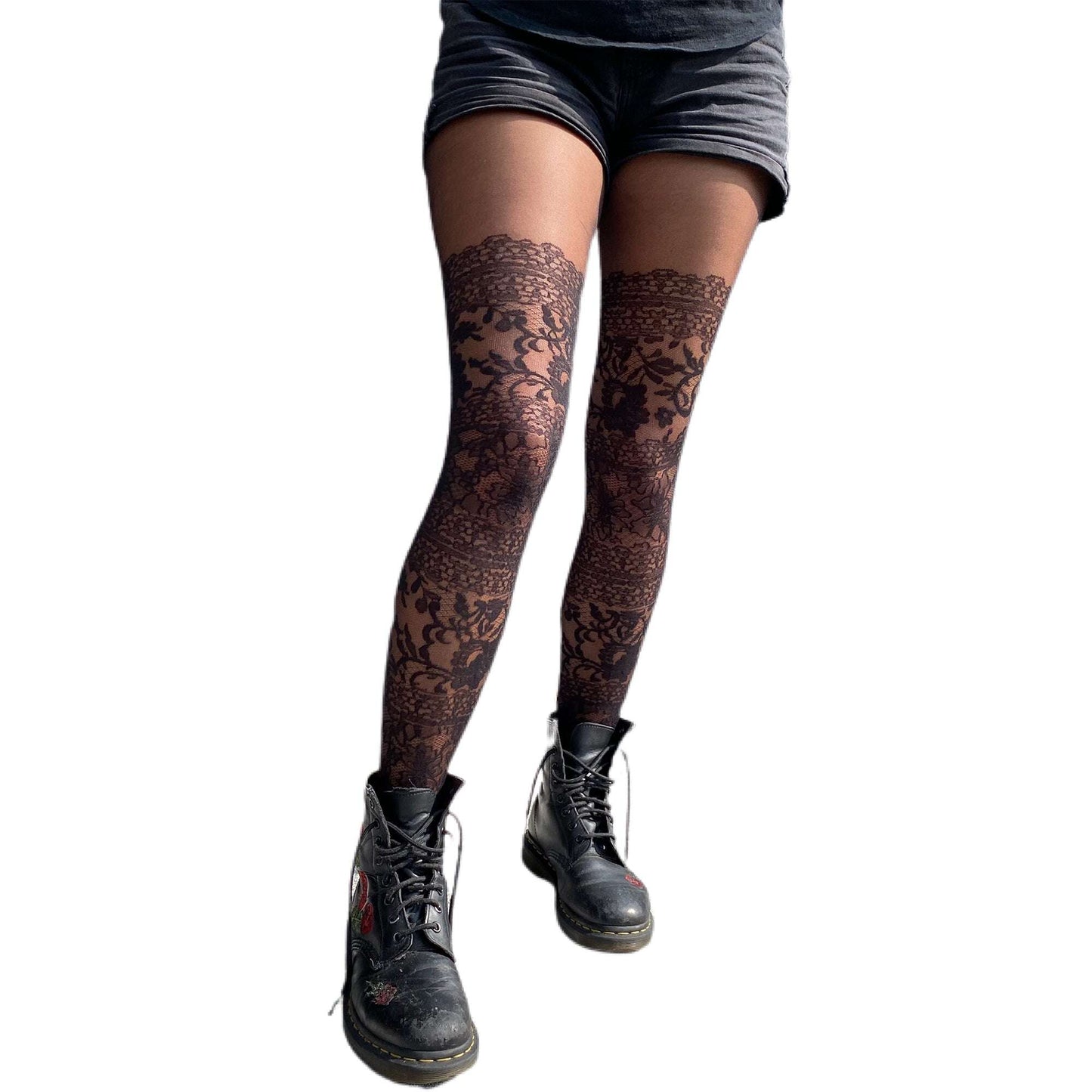 Women’s lace patterned sheer tights with faux thigh-high design