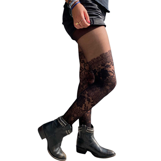 Women wearing black lace illusion tights featuring faux thigh-high sheer pattern details