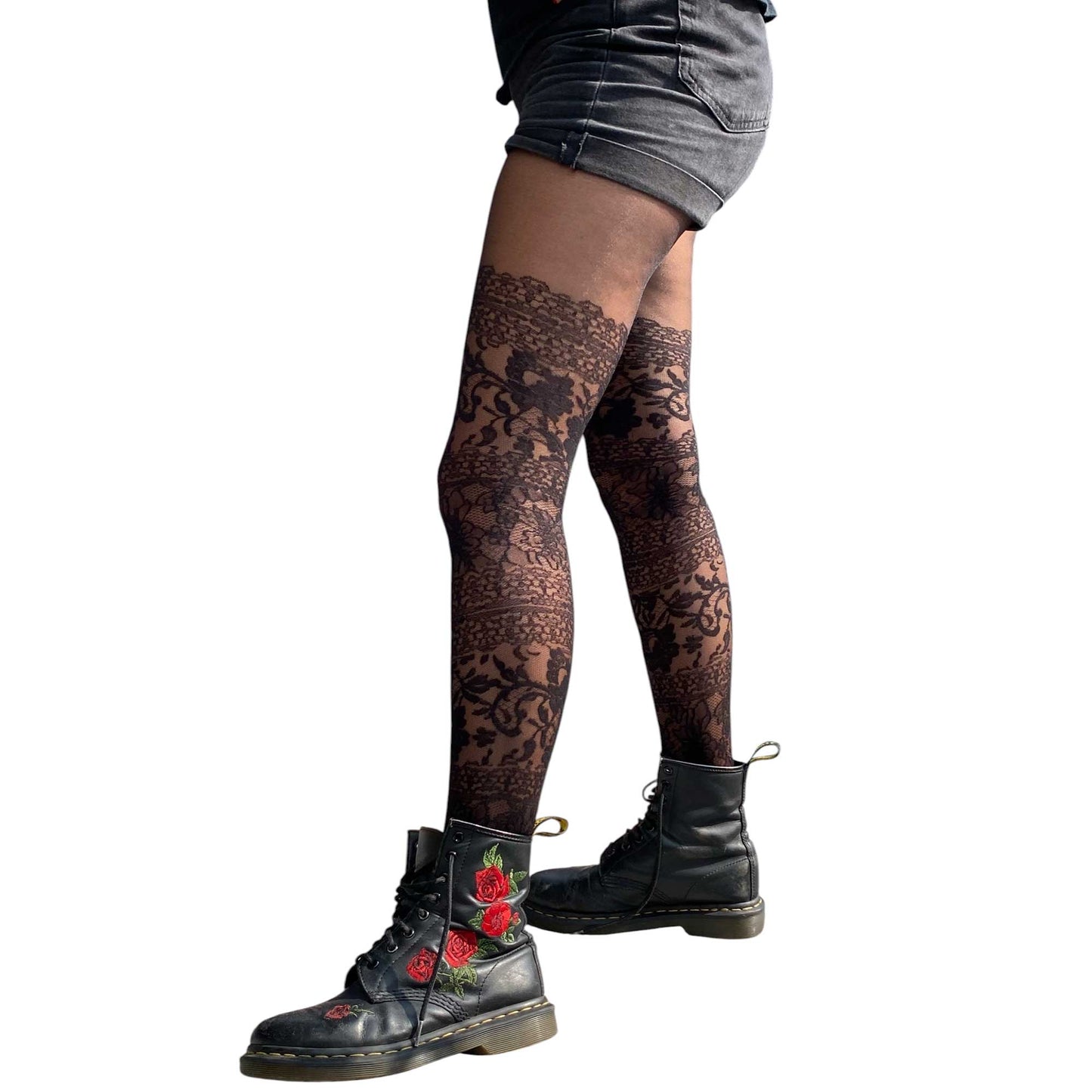 Black sheer thigh high illusion tights with delicate lace-inspired fashion aesthetic