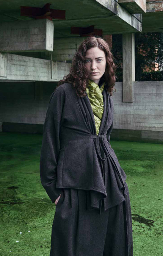 Women Wearing Blouse Jacket with Laces Chocolate Neirami slde at Aqualta