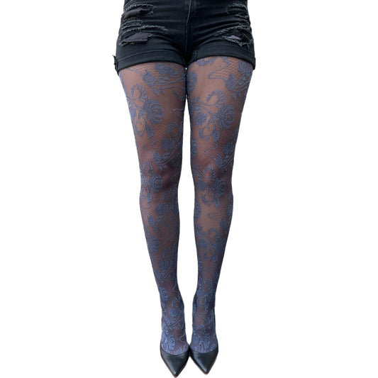 Blue flower lace tights for women with vintage floral pattern