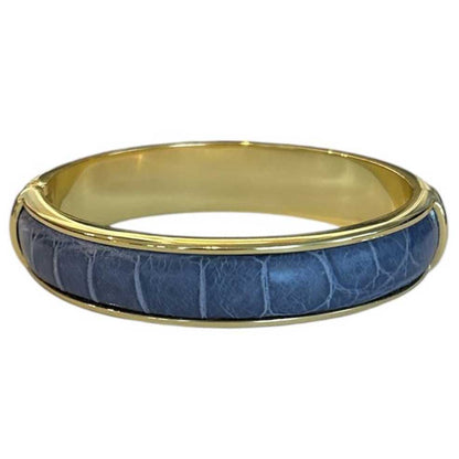 A simple classic Blue Gray leather metal bangle, made with a crocodile over brass Biagini sold at Aqualta