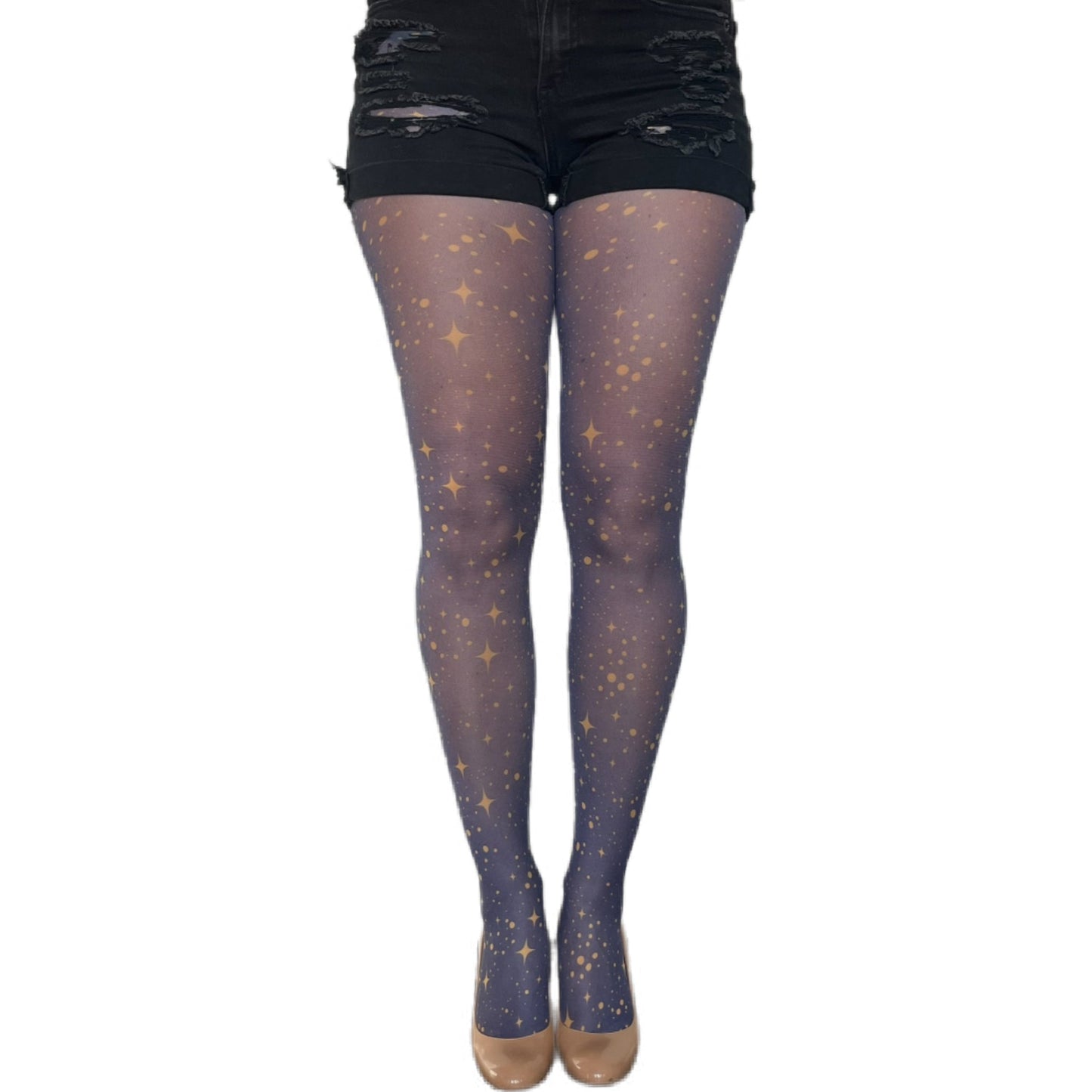 Navy patterned tights featuring gold stars – fashion tights for women