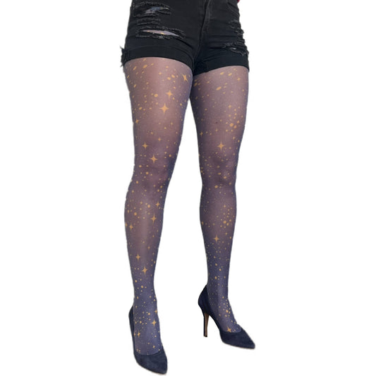 Navy tights with gold star pattern for women – full-length view