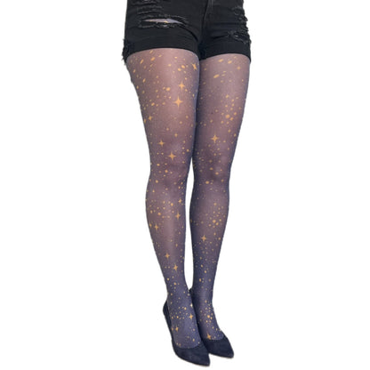 Plus-size navy gold star tights displayed on model