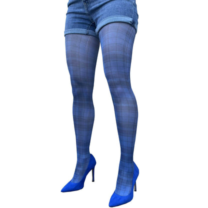 Woman wearing blue plaid patterned tights by Malka Chic, styled with denim shorts and heels, made in Italy.