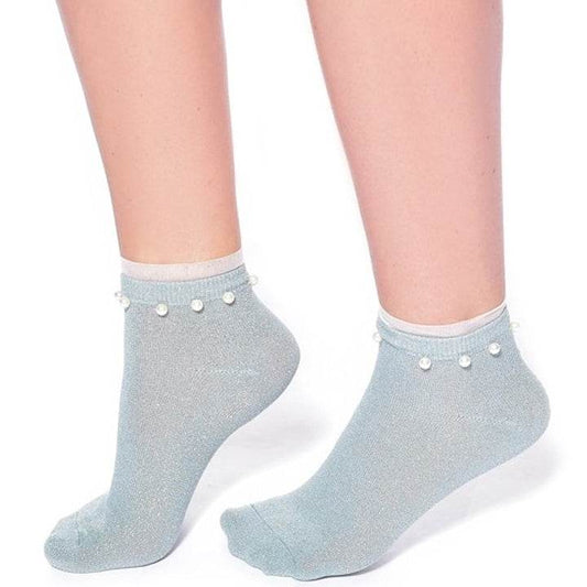 Blue glitter ankle socks for women by Malka Chic with pearl and frill details around the cuff. Made in Italy.