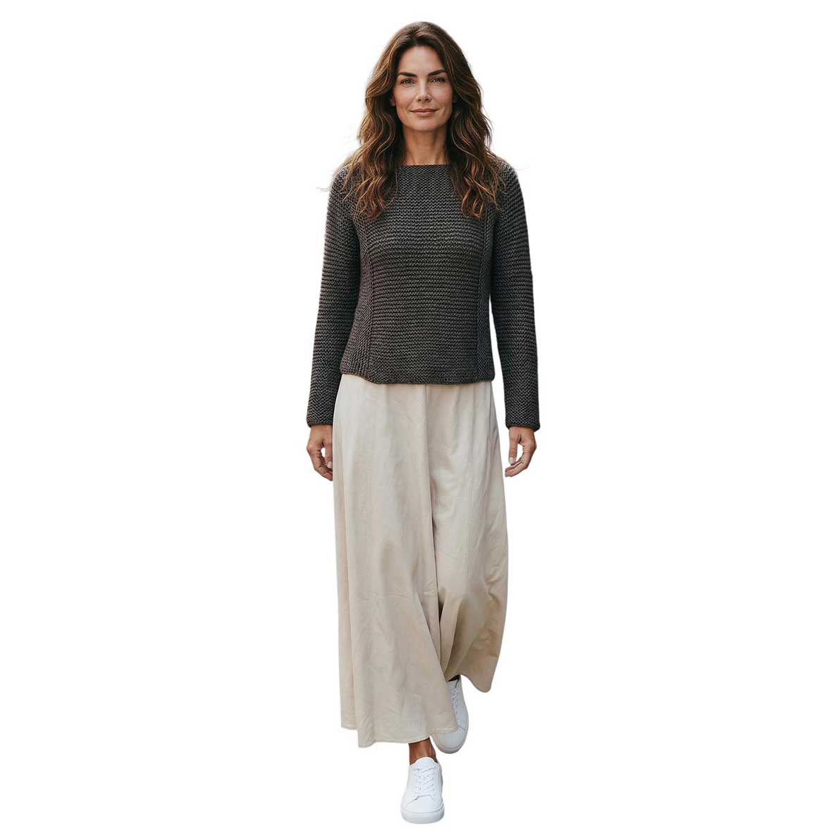 Woman wearing a Front of Brown Knit Crop long sleeves Sweater Chiara Toffanin for women sold at Aqualta