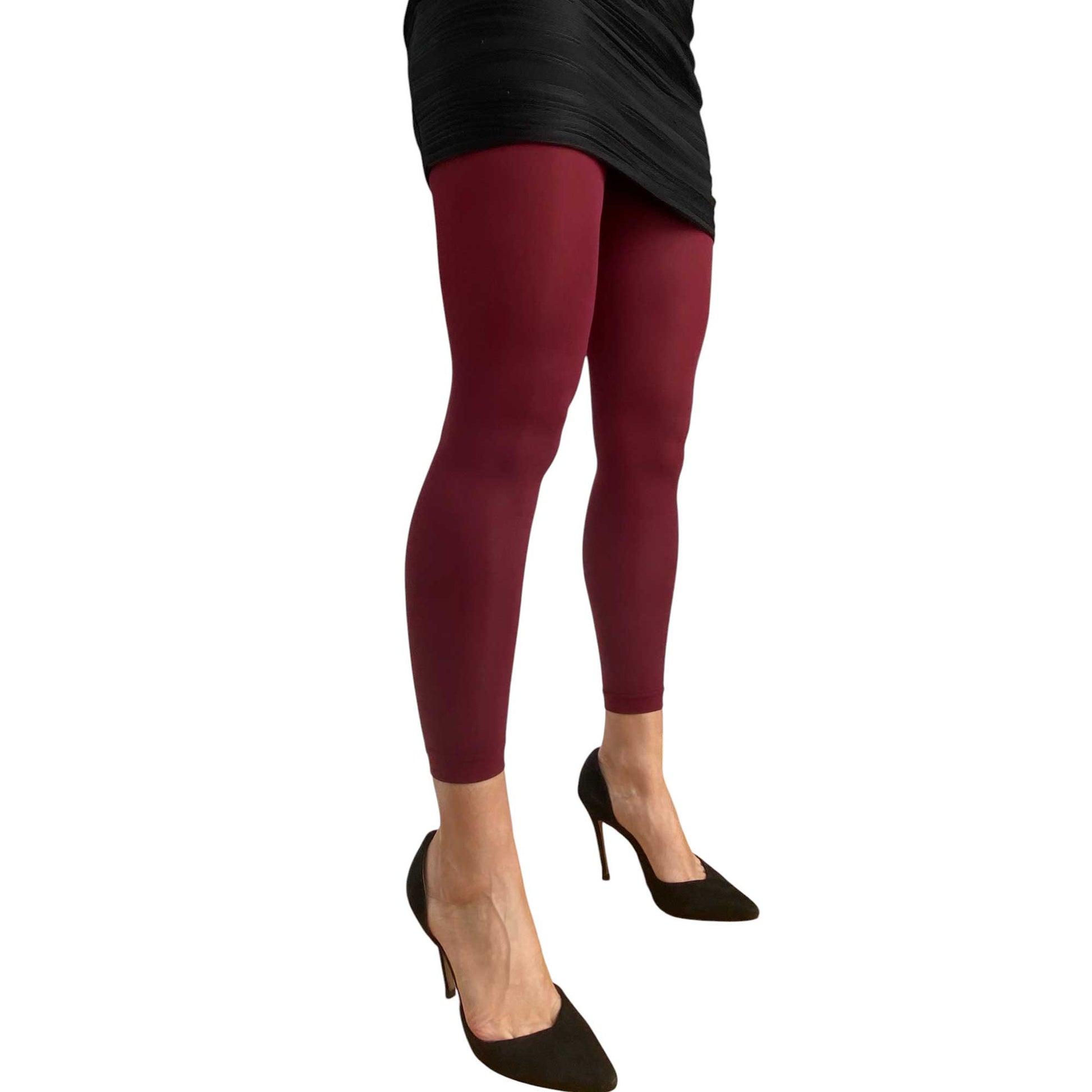 Women’s burgundy footless tights featuring comfortable opaque finish and versatile layering design