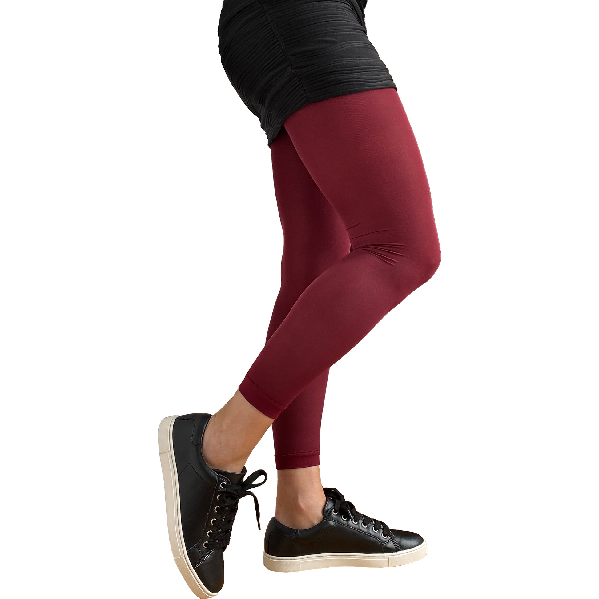 Burgundy footless tights with rich color and comfortable fit for everyday wear by Malka Chic