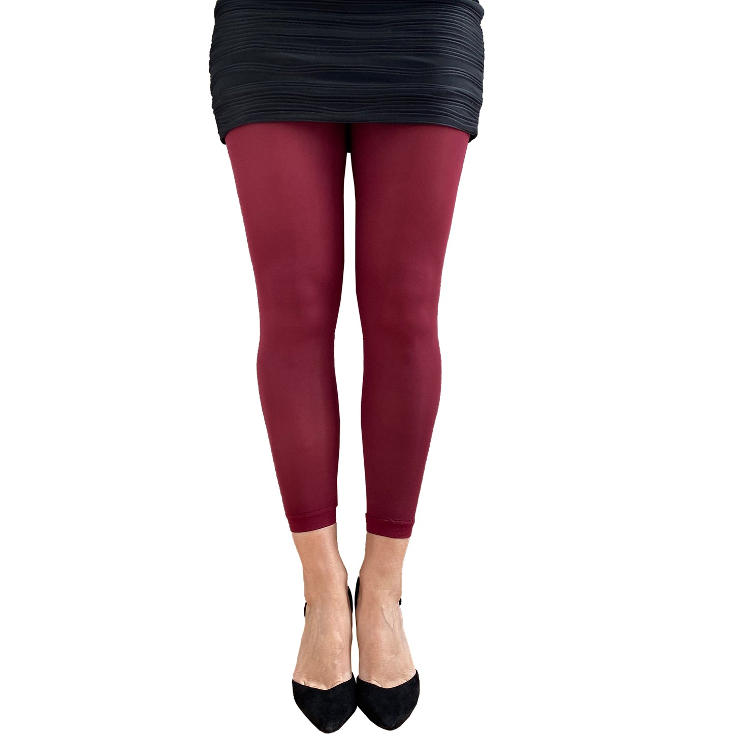 Burgundy opaque footless tights styled for casual outfits, dresses, and seasonal fashion looks